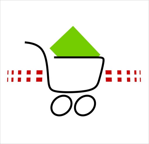 Unser Icon für Einkauf auf der Webseite. Ein gezeichneter Einkaufswagen mit einem hellgrünen Rechteckt beladen.