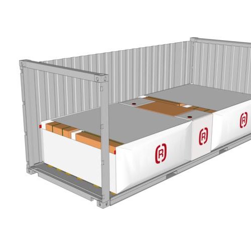 Drawing of a 20 foot container loaded with a block of 5 with a SAM cardboard with two 3D dunnage bags as a block of 5 with SAM