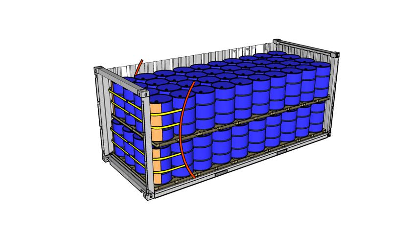 Zeichnung eines 20 Fuss Containers beladen mit zweistöckig Fässer 4er Lashing Rothschenk Individuallösungen