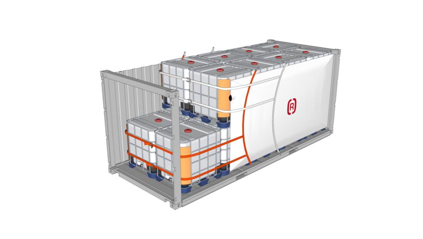 Chemische Produkte sichern - Eine Zeichnung eines Containers mit IBC beladen, die mit einem Staupolster in Übergröße, Pappkantenschutzwinkeln und Gurtbändern gesichert ist.