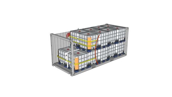 Container 20 voet geladen met 18 IBC's met stuwkussen in de lengte