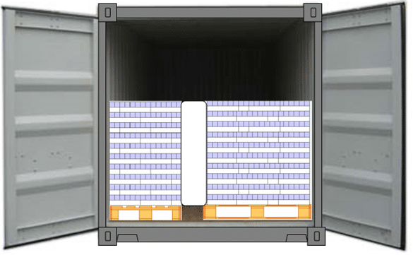 Tekencontainer-goederen-met-stuwage-kussen-rode-poot ladingzekering